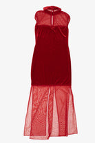 Vintage Red Kitty Velvet High Neck Drop Waist Maxi Dress (1990s)
