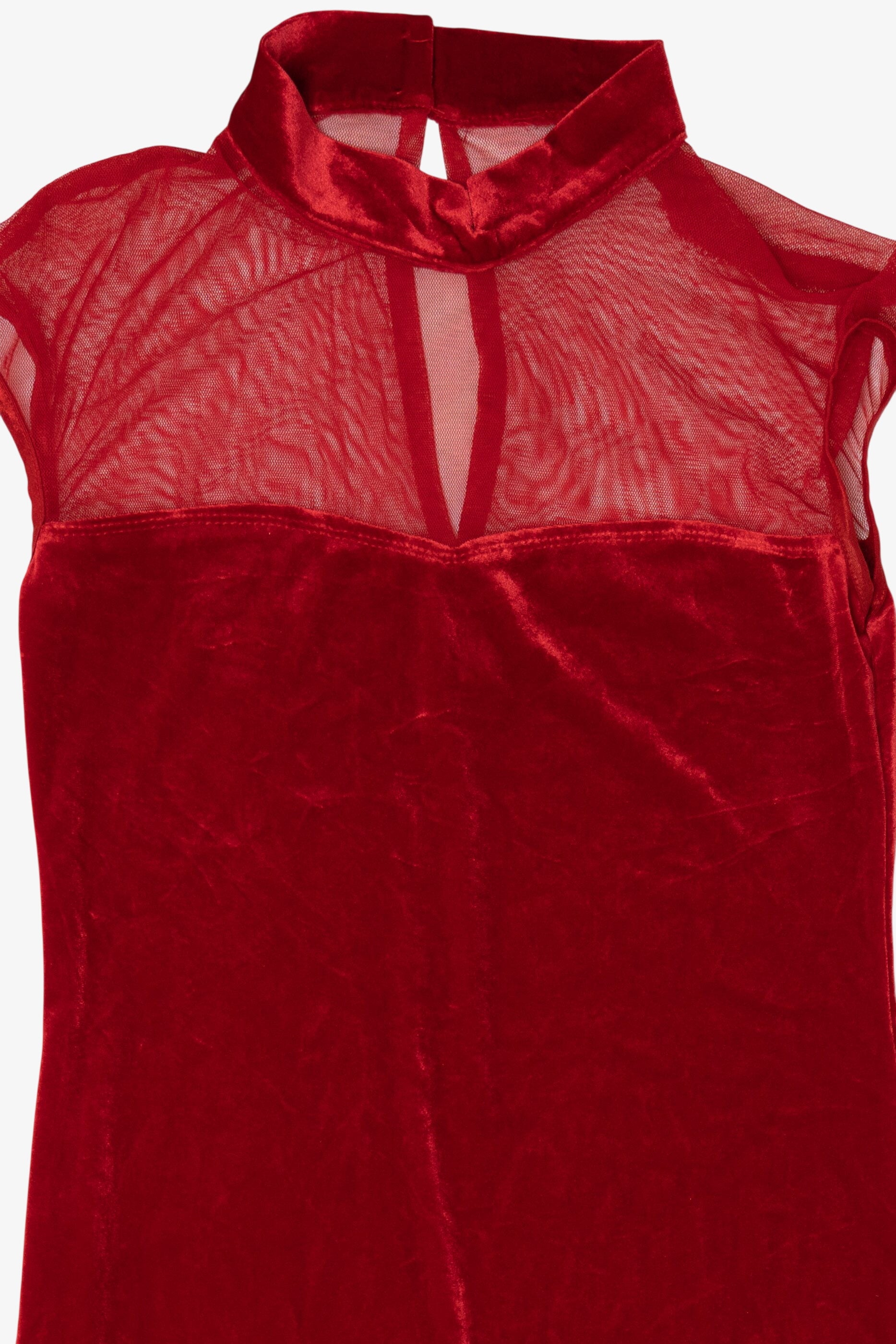 Vintage Red Kitty Velvet High Neck Drop Waist Maxi Dress (1990s)