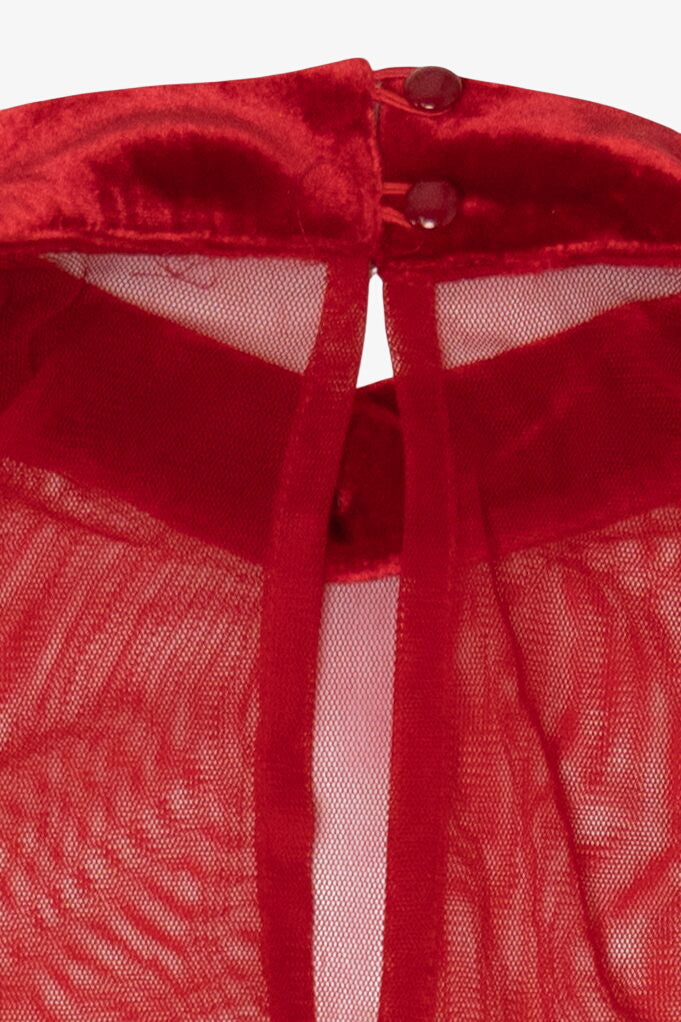 Vintage Red Kitty Velvet High Neck Drop Waist Maxi Dress (1990s)