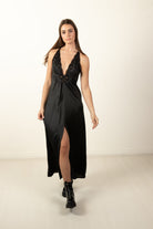 Vintage Black Deep-V Maxi Slip Dress (1980s)