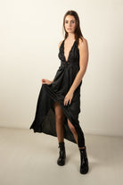Vintage Black Deep-V Maxi Slip Dress (1980s)