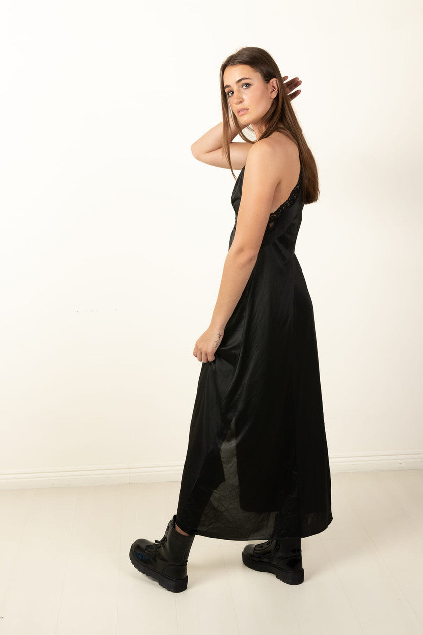 Vintage Black Deep-V Maxi Slip Dress (1980s)