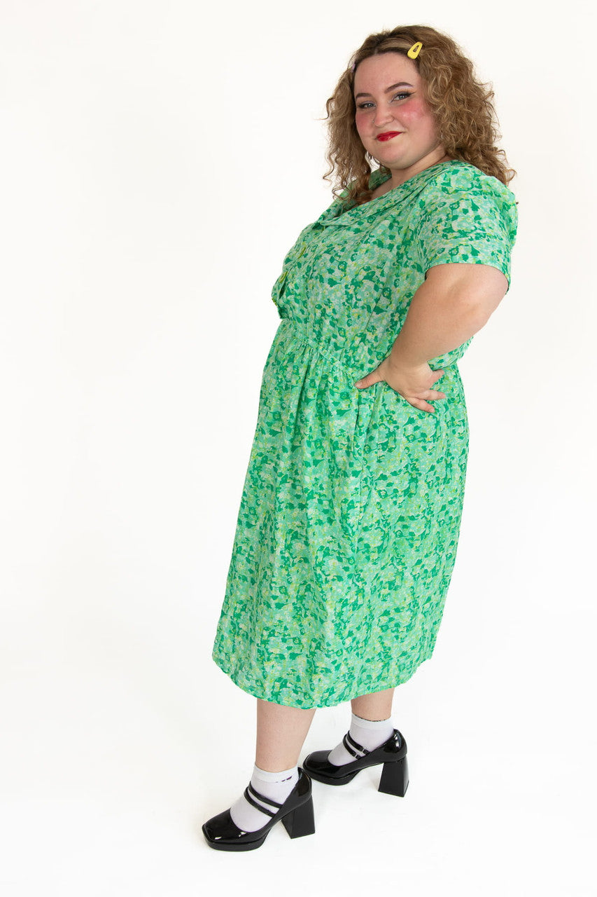 Vintage Green Floral Button Dress (1960s)