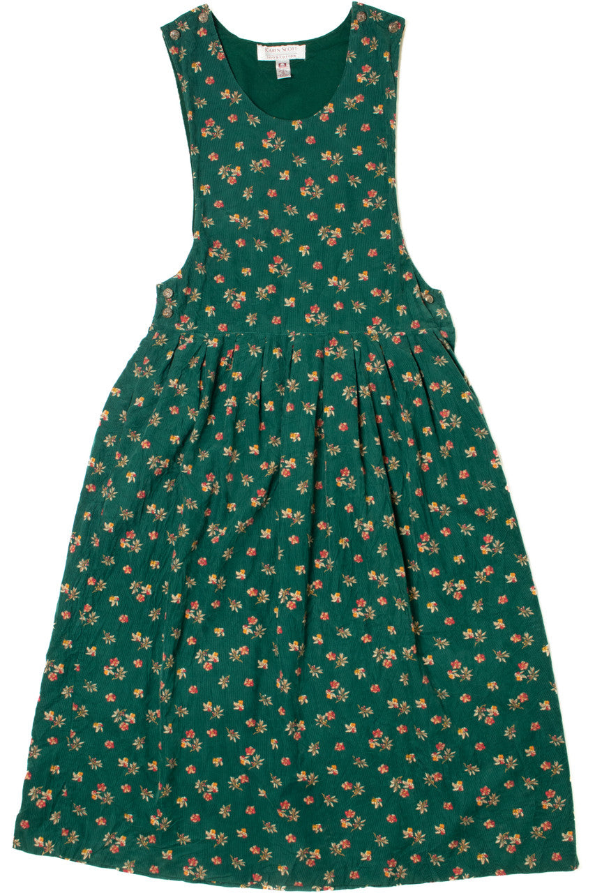 Vintage Floral Corduroy Pinafore Jumper Dress