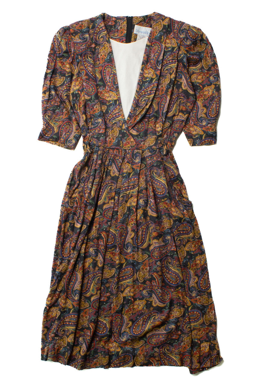 Vintage Multicolor Paisley Wrap Dress (1980s)