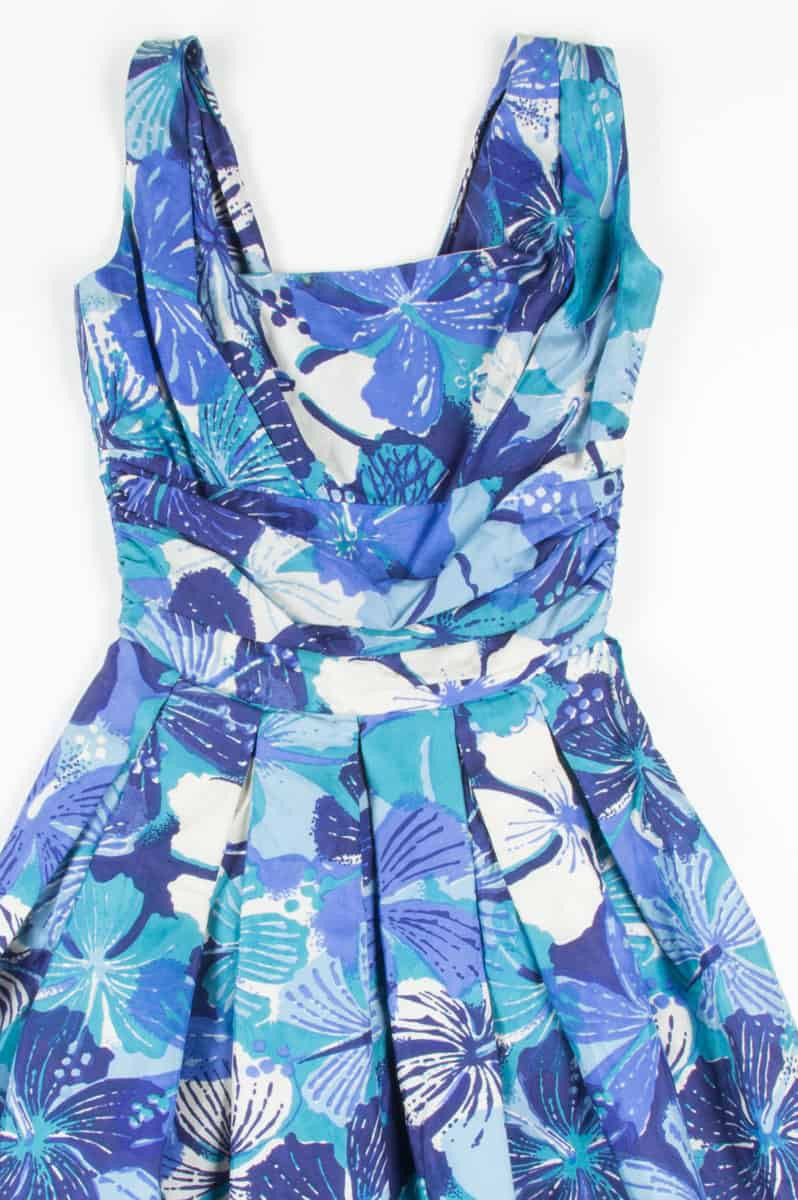 Blue Hawaiian Print Silk Dress