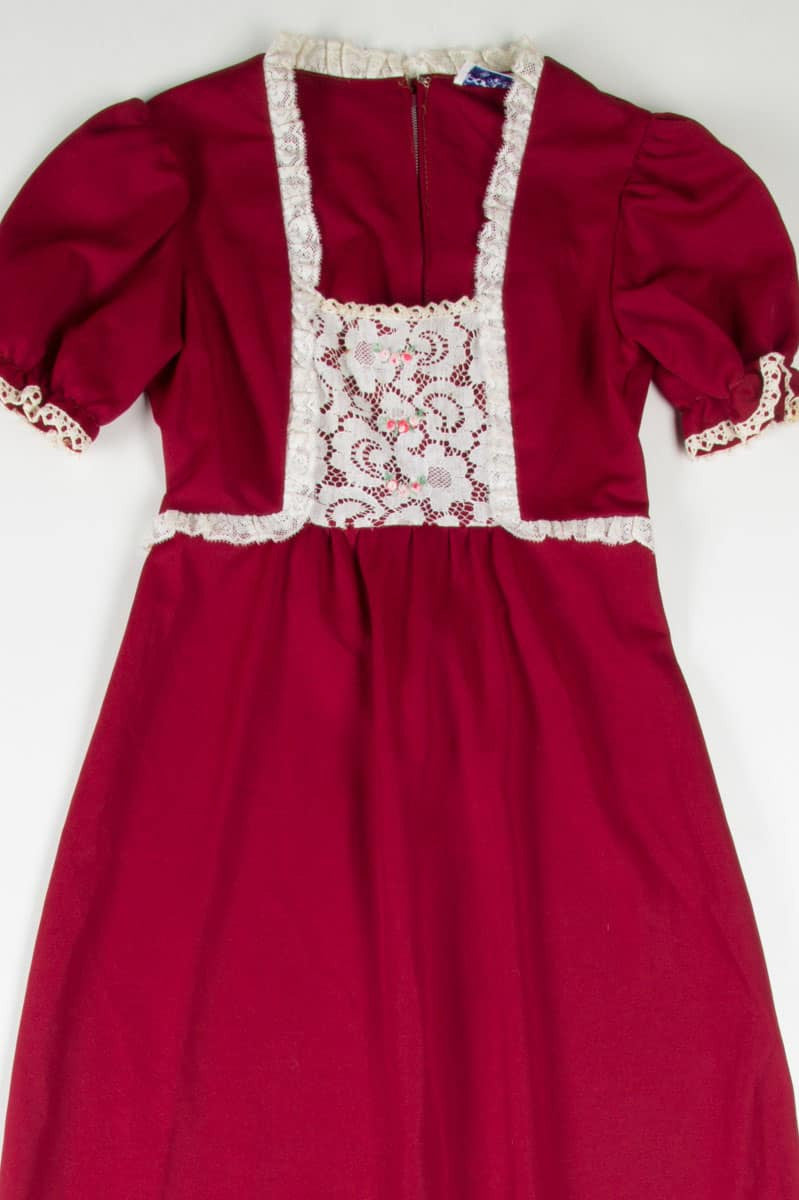 Burgundy Lace Trim Puff Shoulder Dress