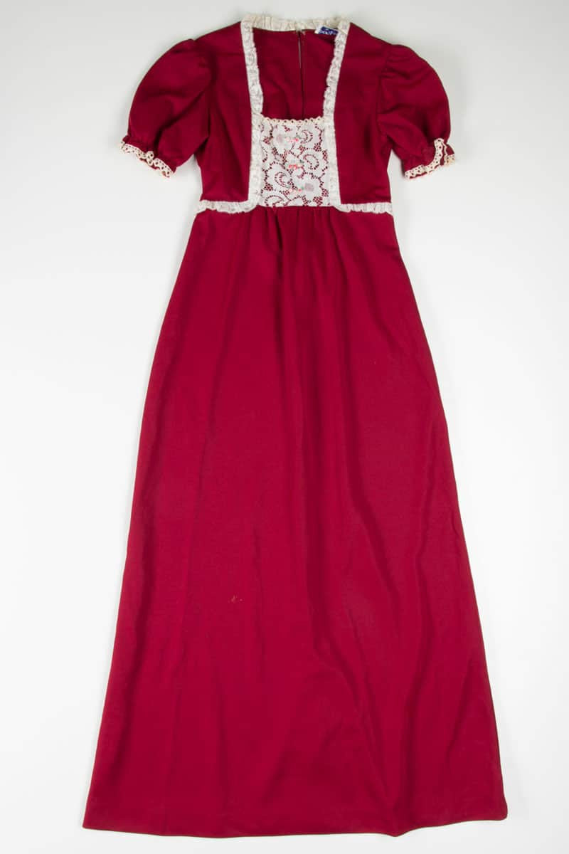 Burgundy Lace Trim Puff Shoulder Dress