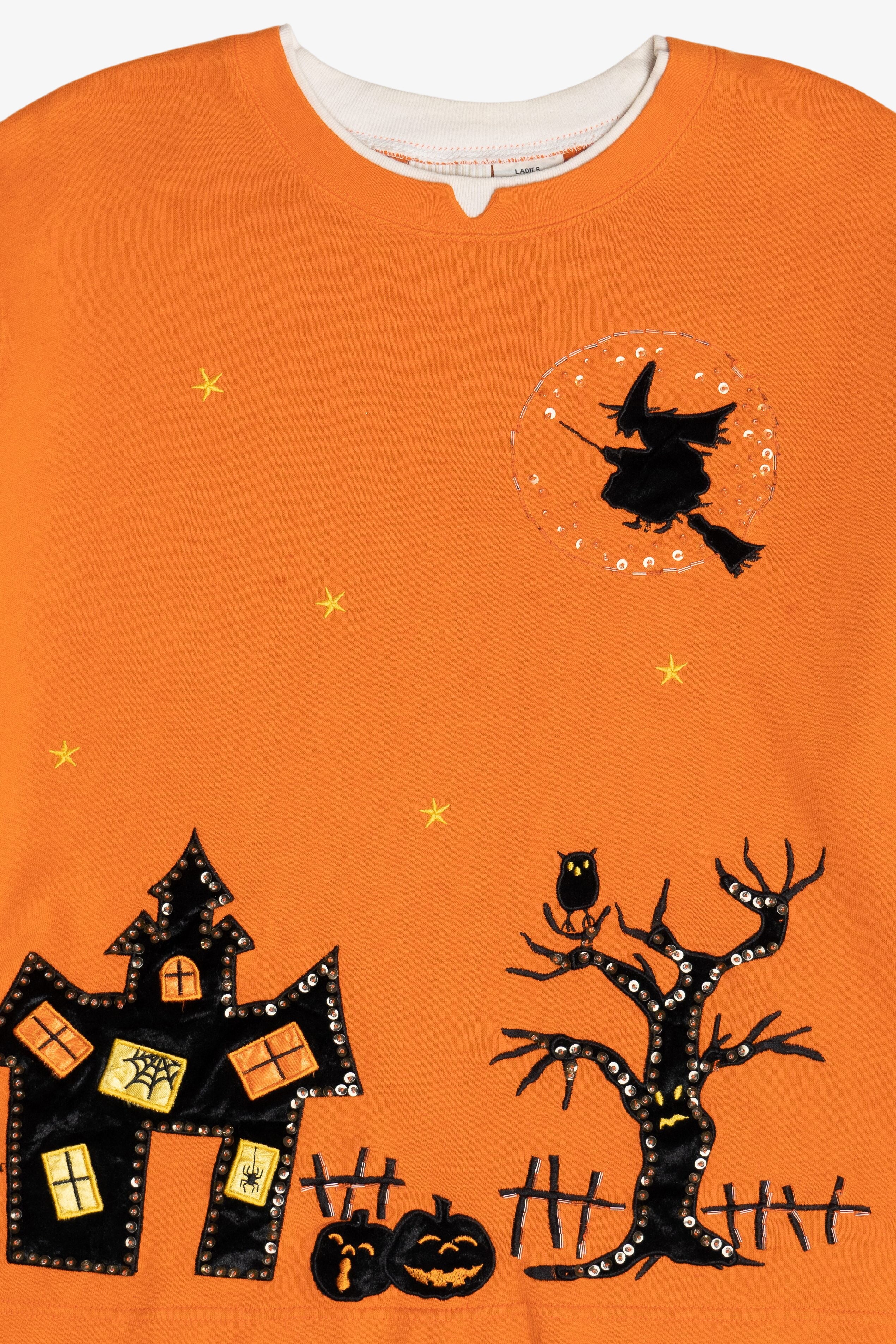 Vintage Halloween Haunted House Embroidered Scene Sweatshirt (1990s)