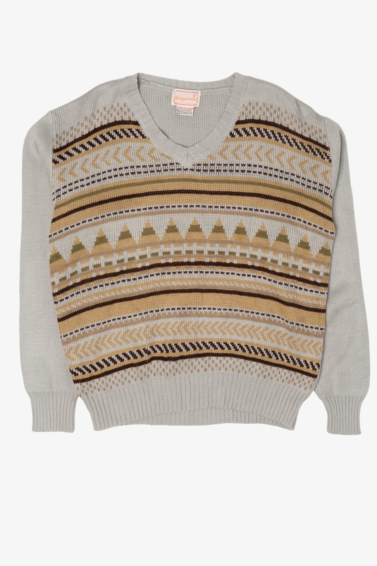 Vintage Light Gray Geometric Pattern Cascade V-Neck Sweater (1970s)