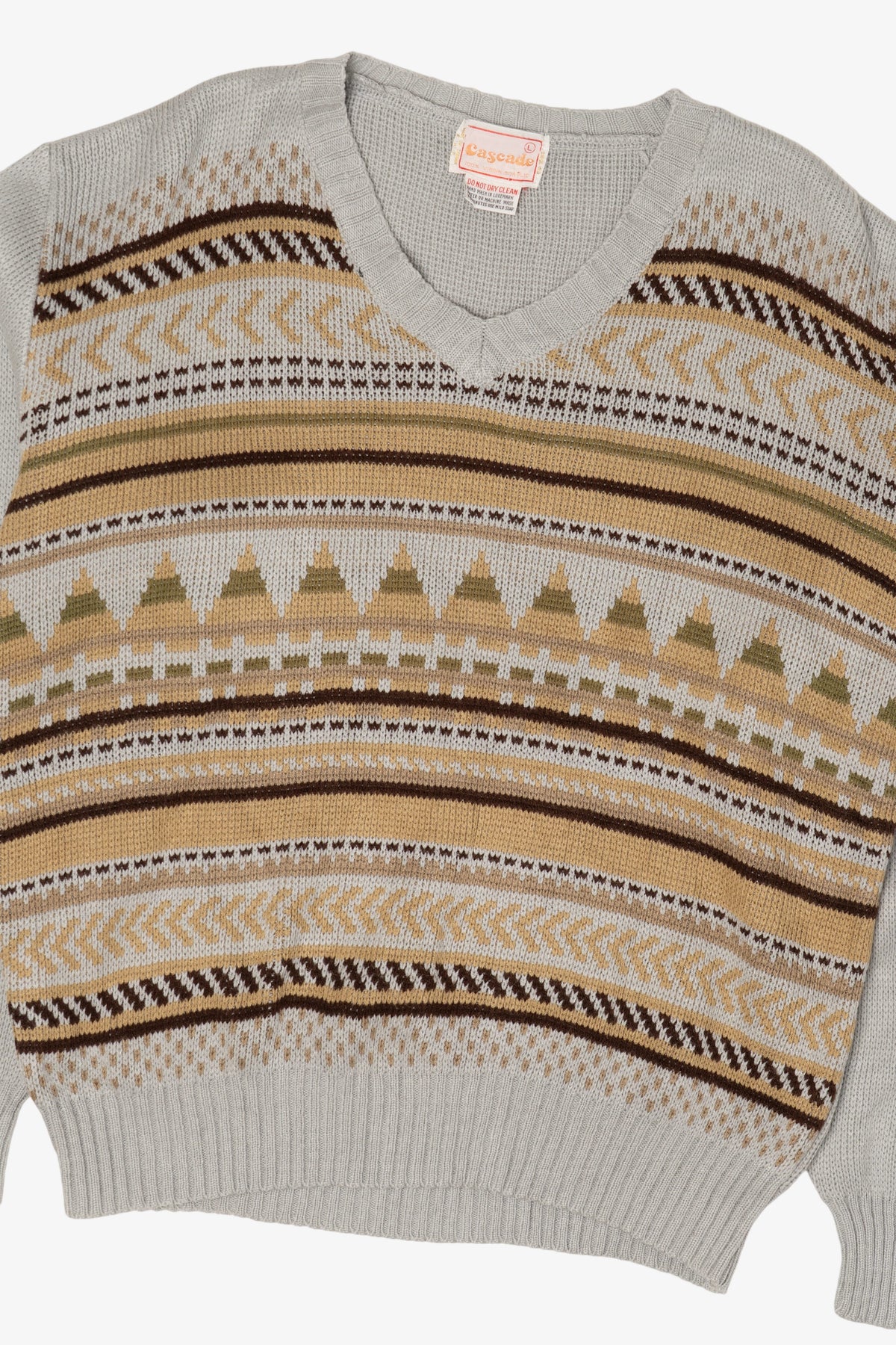Vintage Light Gray Geometric Pattern Cascade V-Neck Sweater (1970s)
