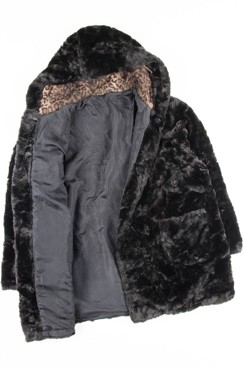 Reversible Black Hooded Vintage Fur Coat