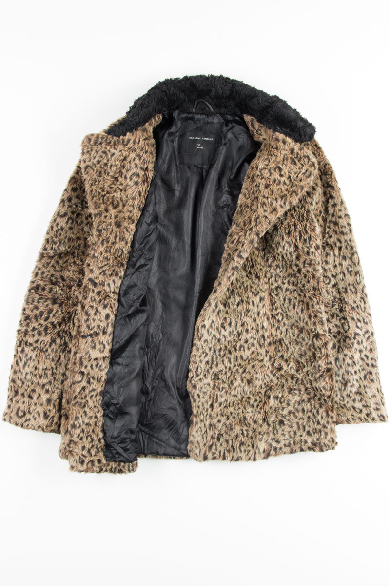 Black Collar Leopard Print Fur Coat