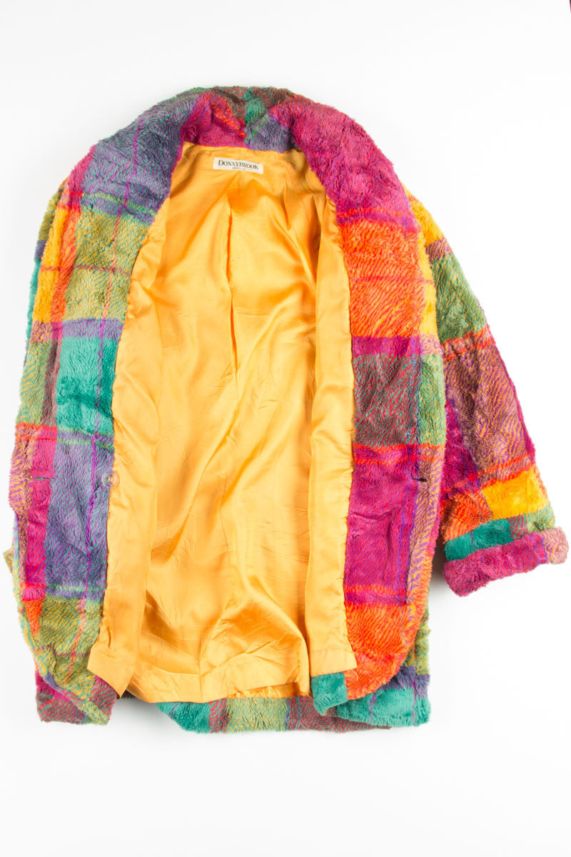 Retro Neon Plaid Fur Coat