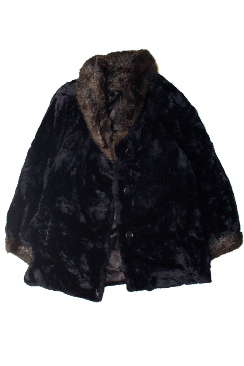 Black with Brown Collar Faux Fur Coat