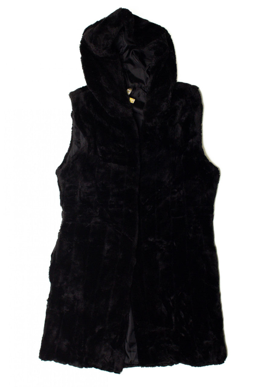 Black Hooded Faux Fur Vest