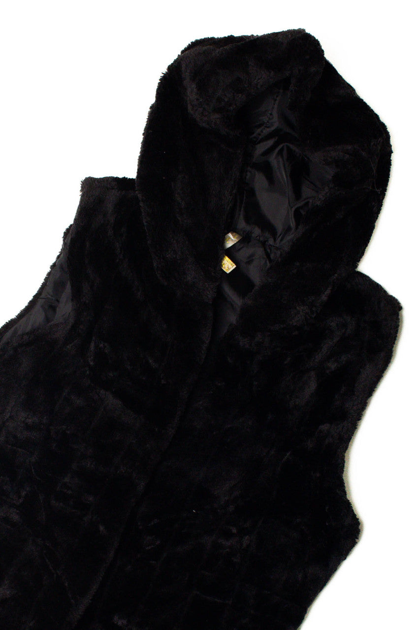 Black Hooded Faux Fur Vest