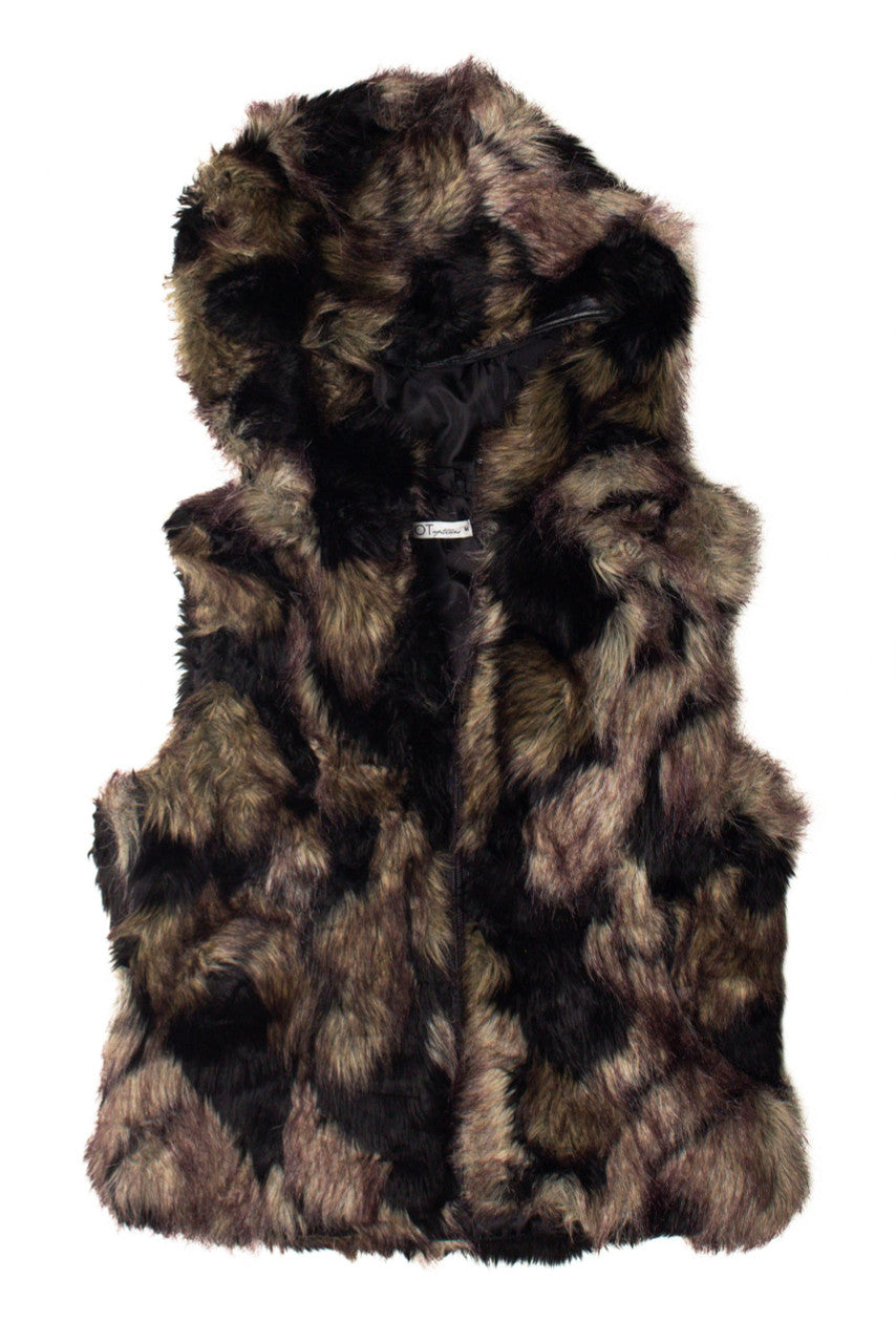 Brown Multicolor Faux Fur Hooded Vest