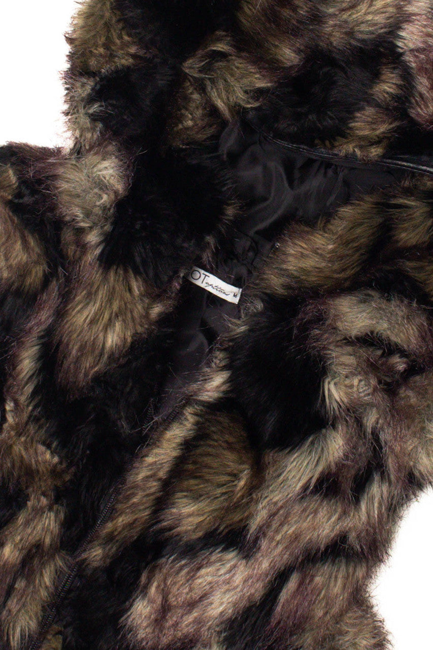 Brown Multicolor Faux Fur Hooded Vest