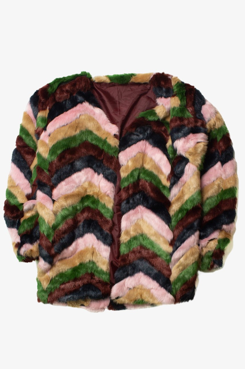 Vintage Multicolor Open Front Faux Fur Coat