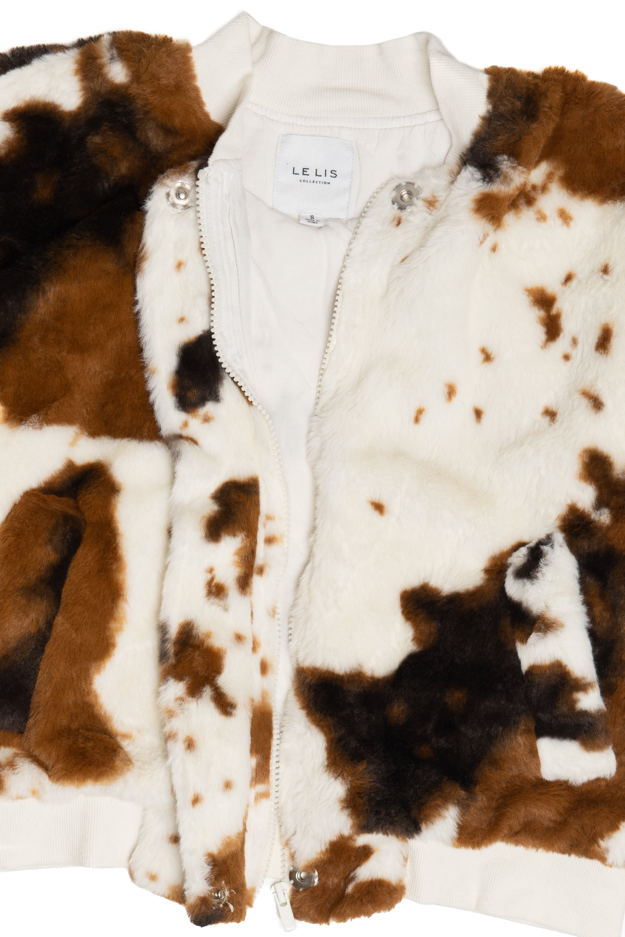 Le Lis Cow Print Faux Fur Jacket