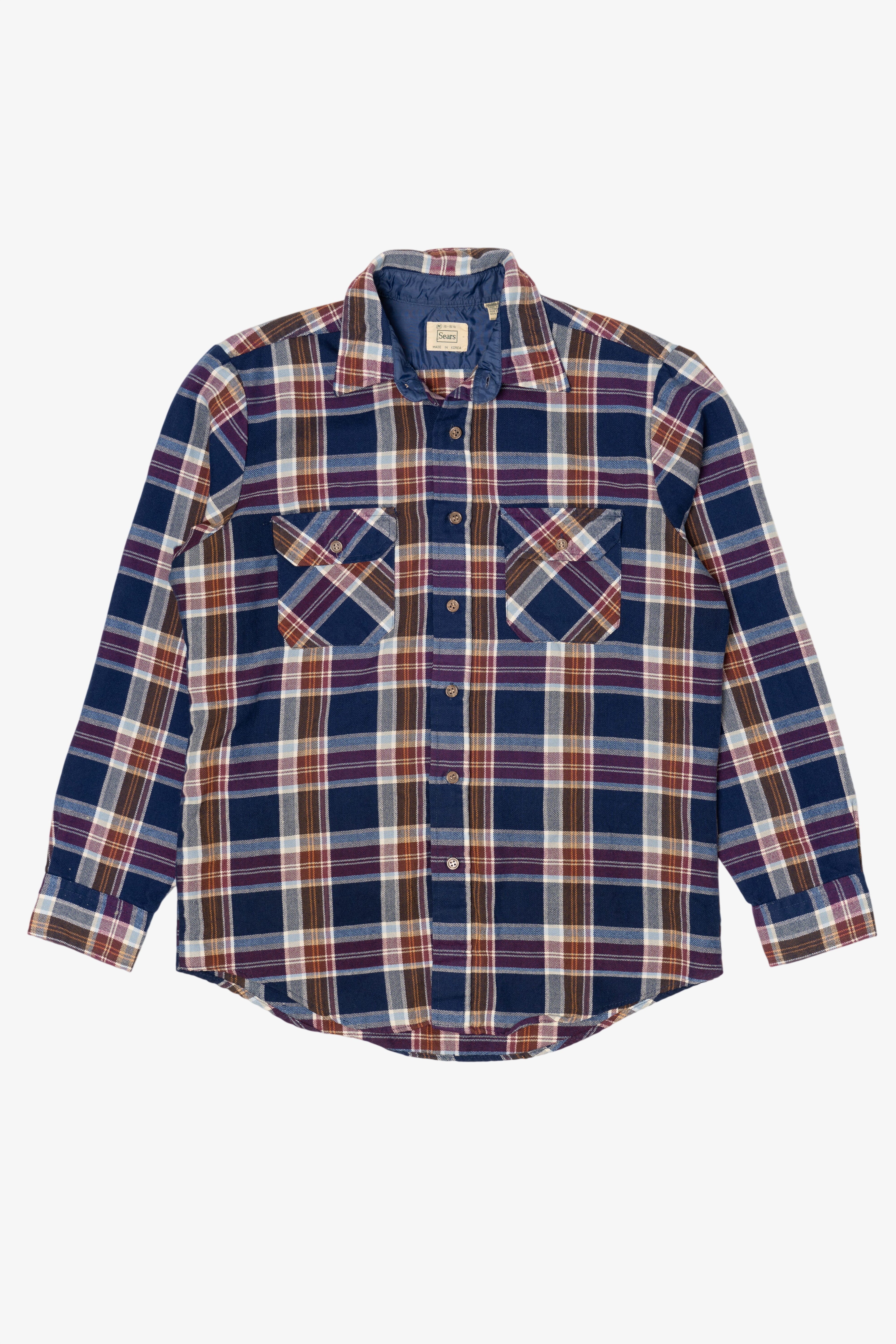 Vintage Navy Blue Plaid Sears Flannel Button Up Shirt (1970s)