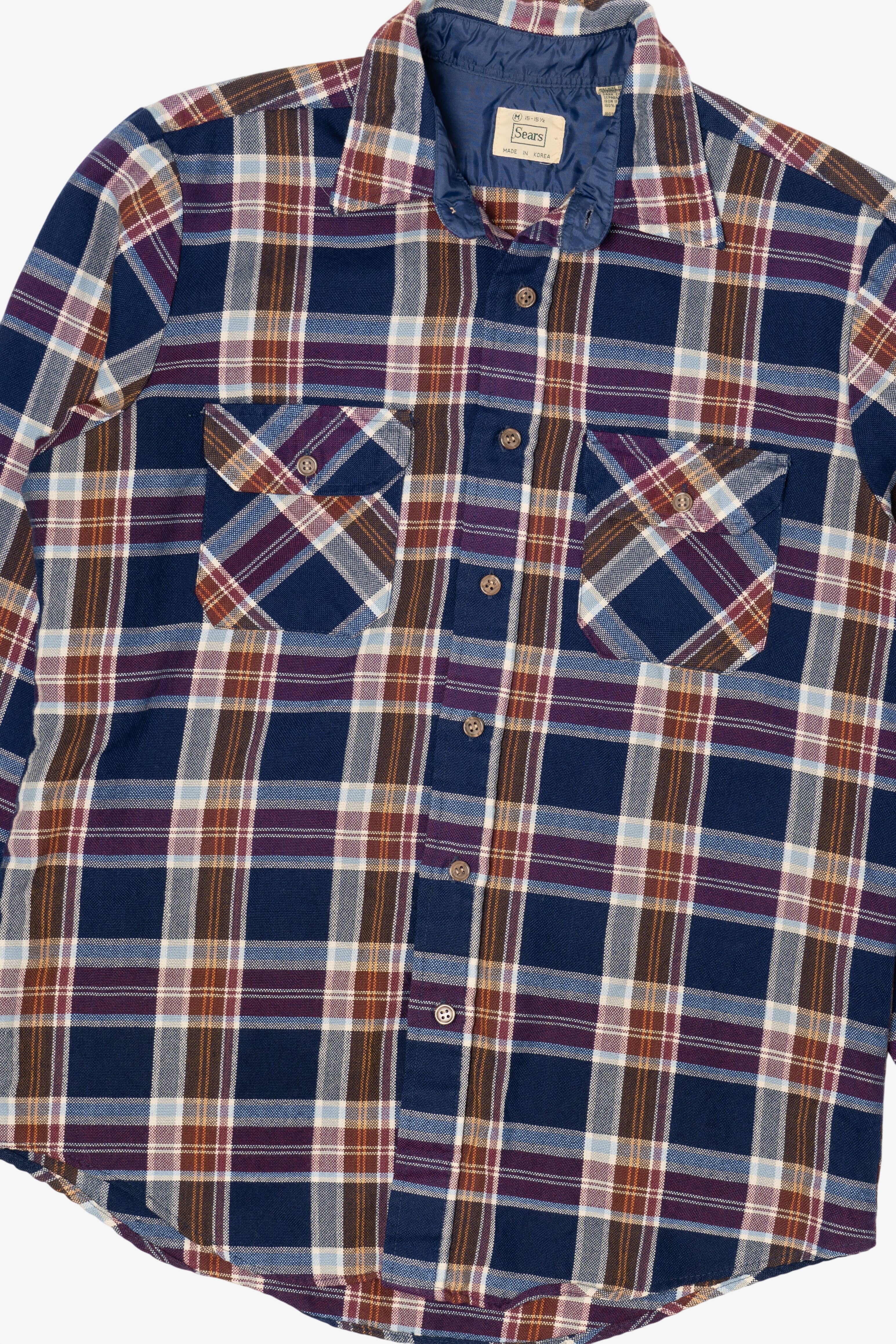 Vintage Navy Blue Plaid Sears Flannel Button Up Shirt (1970s)