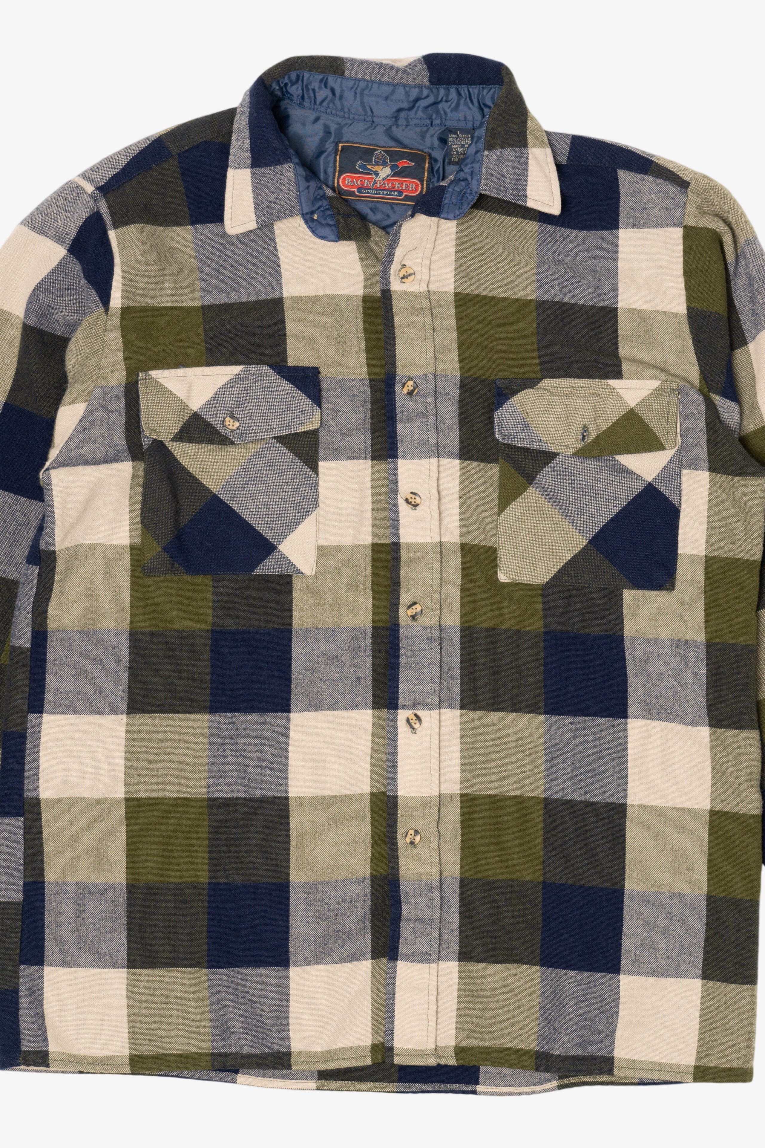 Vintage Navy Blue Back Packer Flannel Button Up Shirt (1990s)