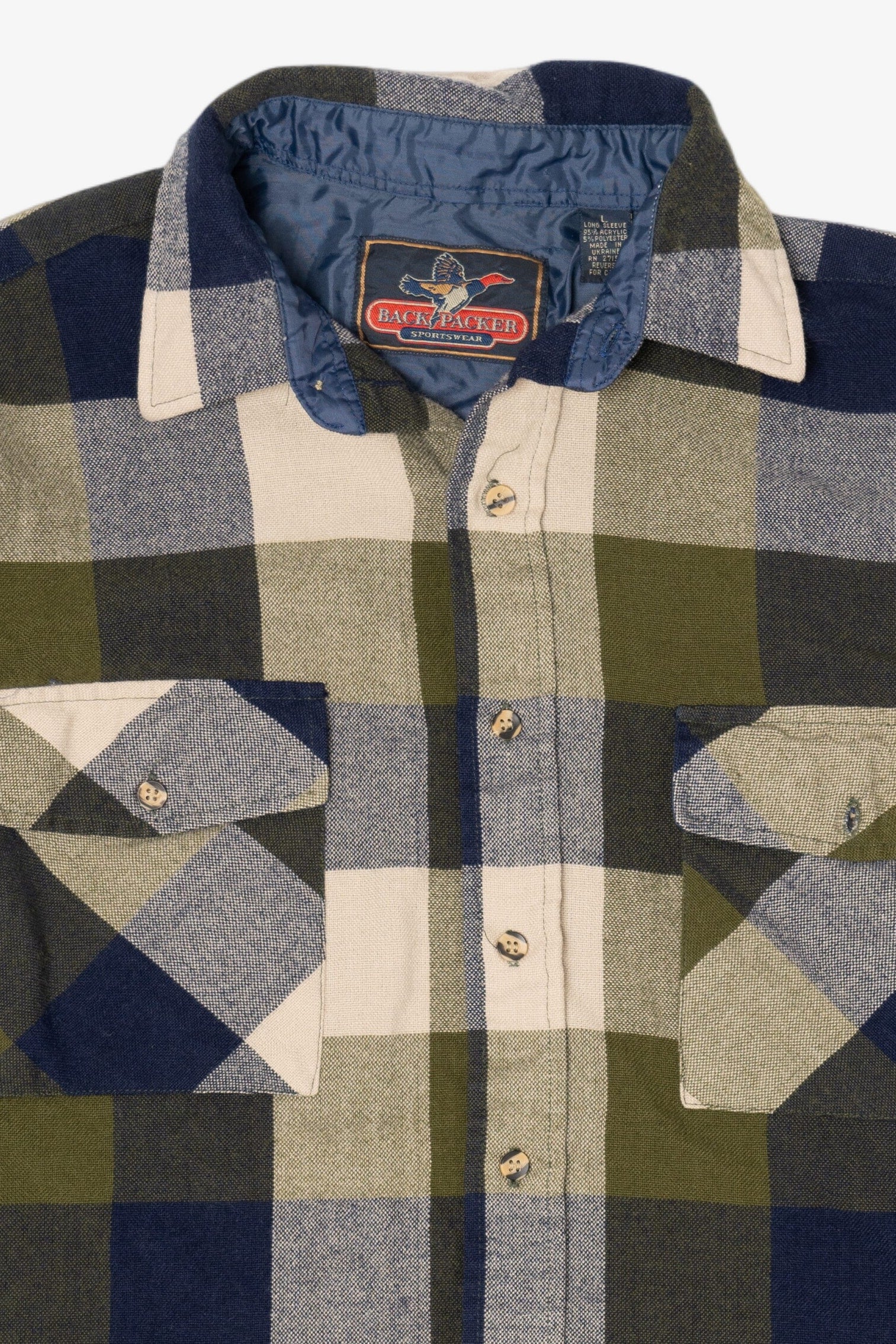 Vintage Navy Blue Back Packer Flannel Button Up Shirt (1990s)