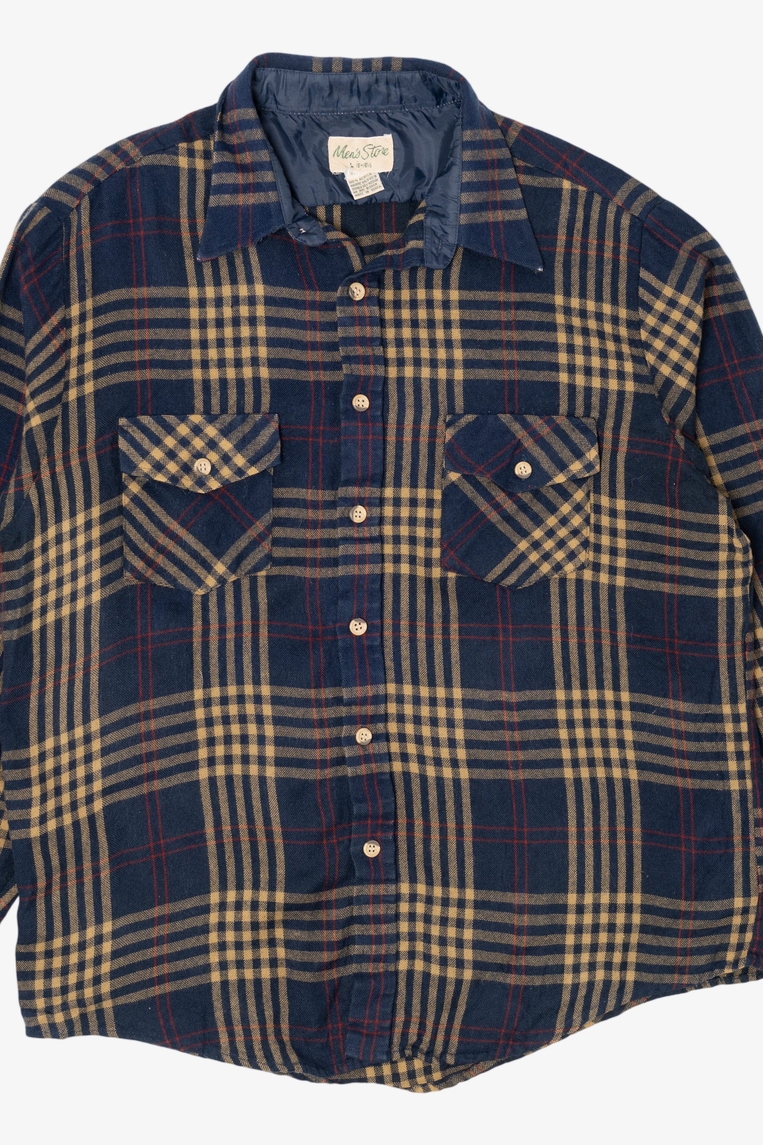 Vintage Yellow And Navy Blue Plaid Men's Store Button Up Flannel Shirt (1970s)