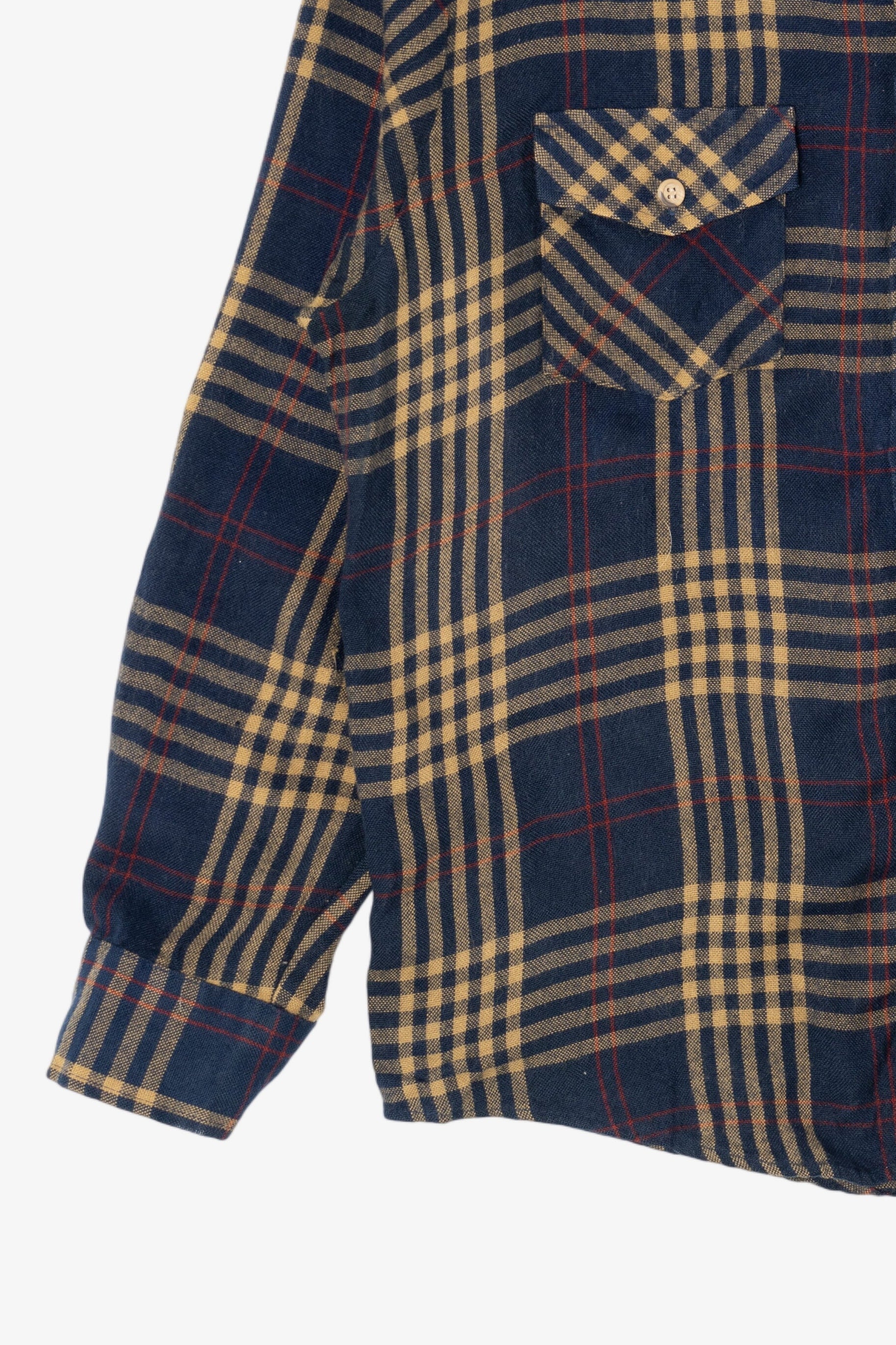 Vintage Yellow And Navy Blue Plaid Men's Store Button Up Flannel Shirt (1970s)