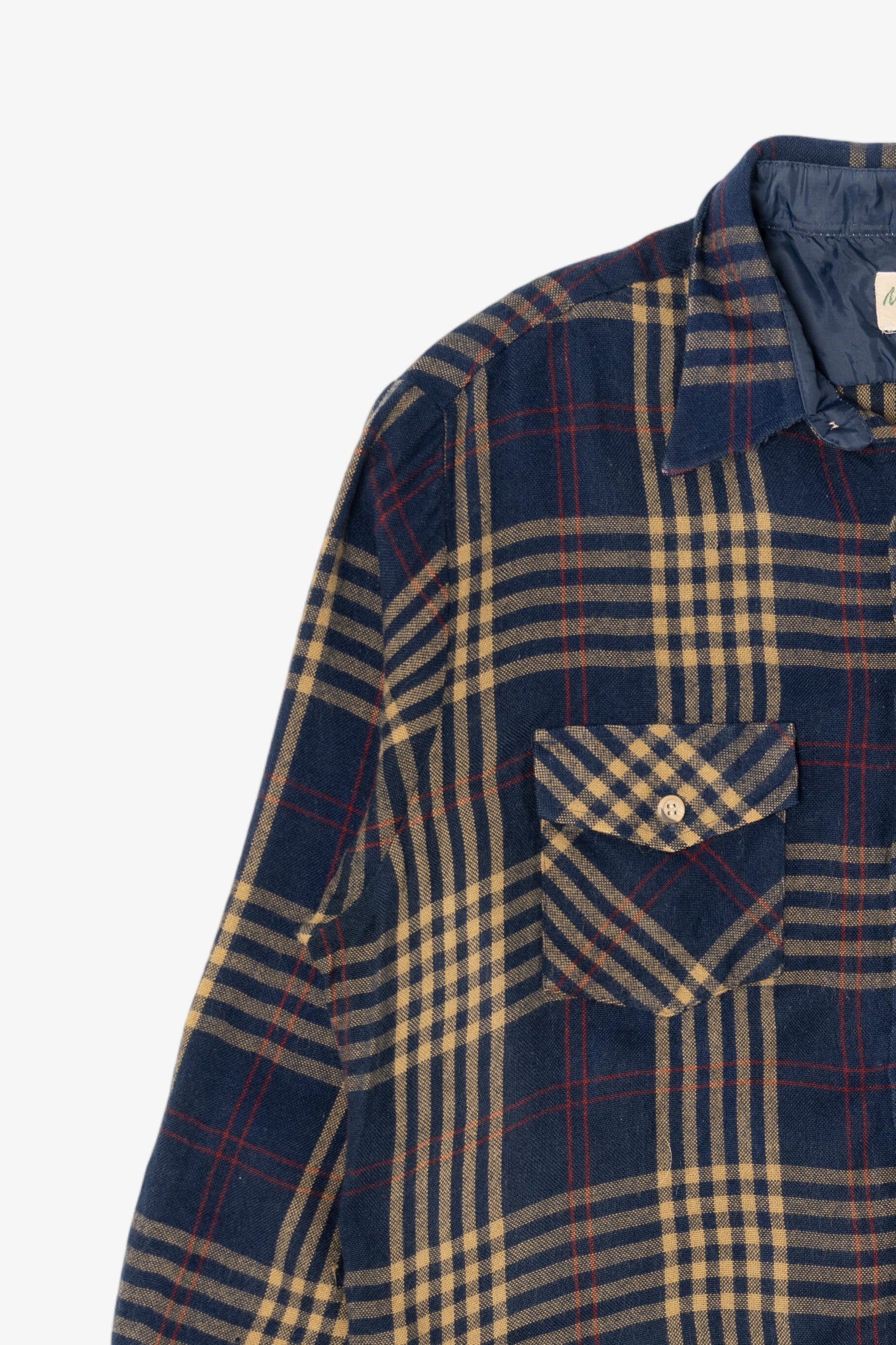 Vintage Yellow And Navy Blue Plaid Men's Store Button Up Flannel Shirt (1970s)
