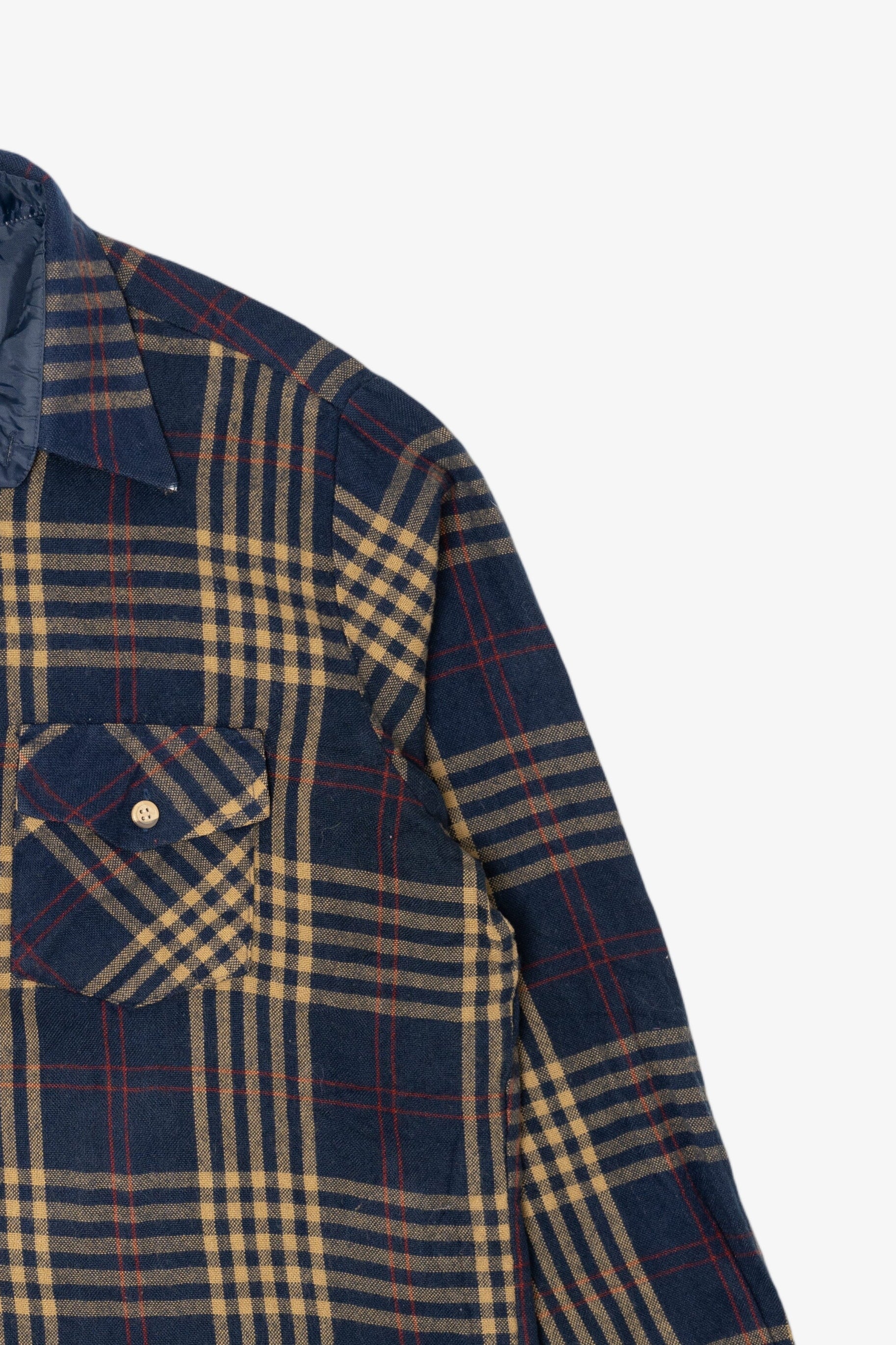 Vintage Yellow And Navy Blue Plaid Men's Store Button Up Flannel Shirt (1970s)