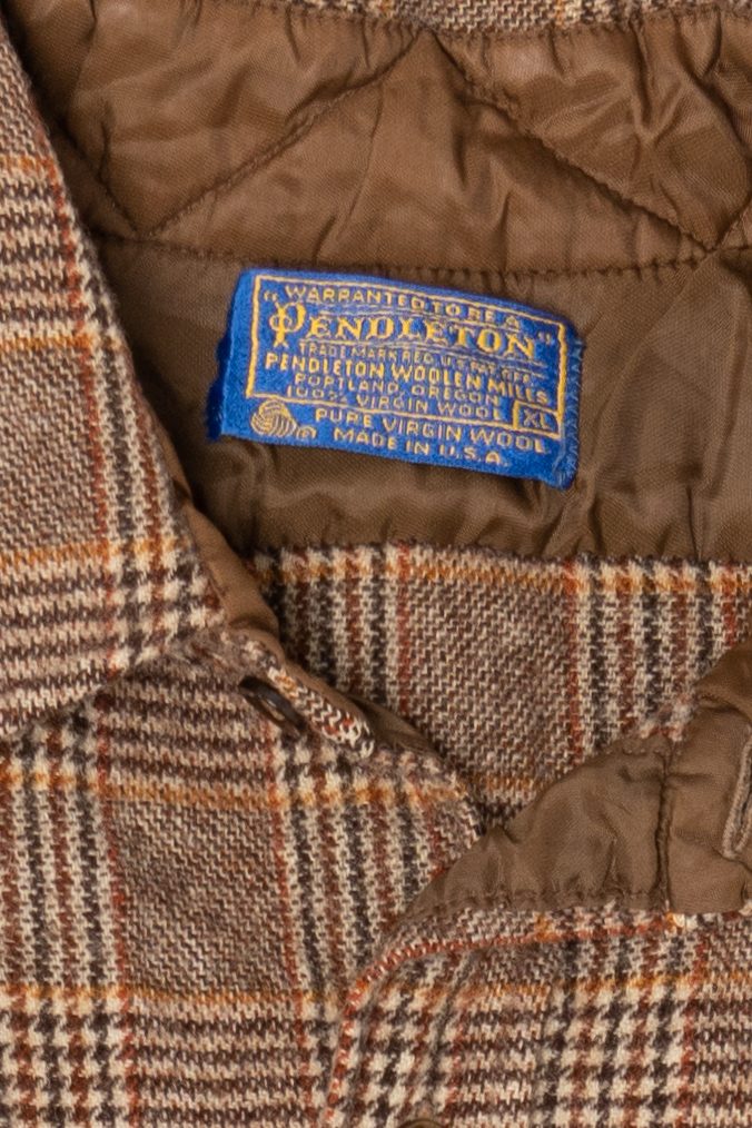Vintage Brown Plaid Pendleton Houndstooth Pattern Flannel Shirt (1970s)