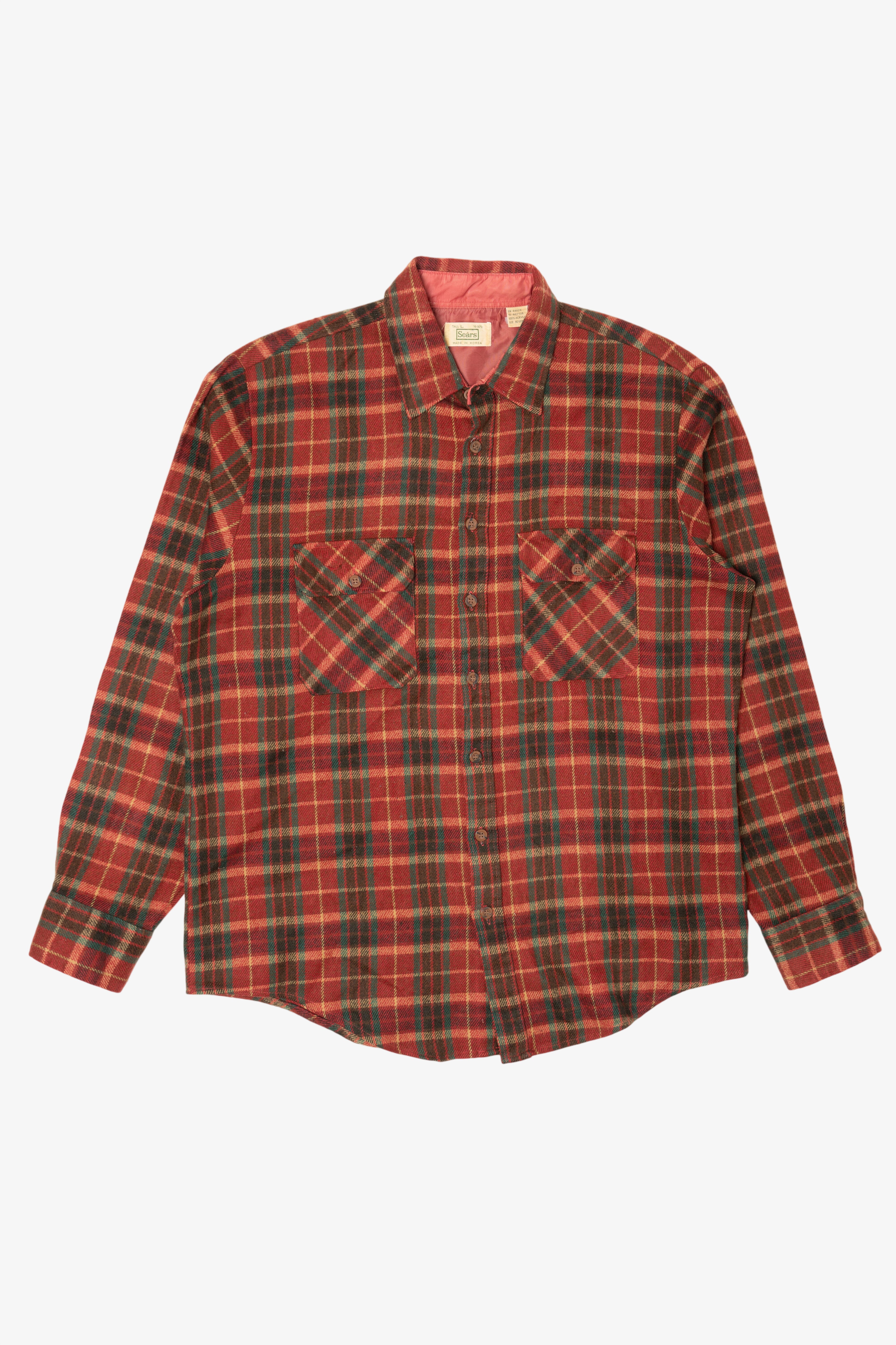Vintage Burgundy Plaid Sears Tall Flannel Button Up Shirt (1970s)