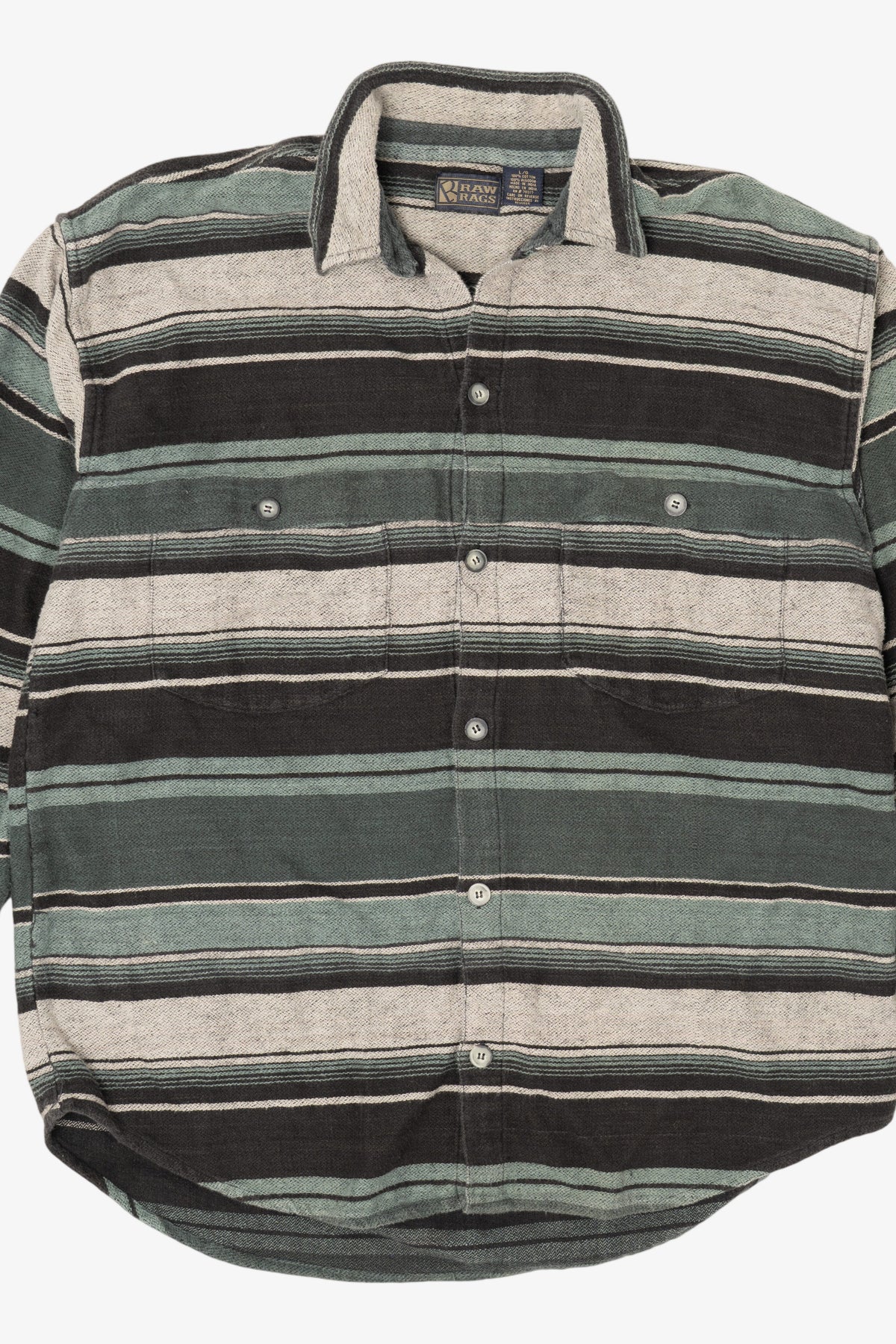 Vintage Green Striped Raw Rags Button Up Flannel Shirt (1990s)