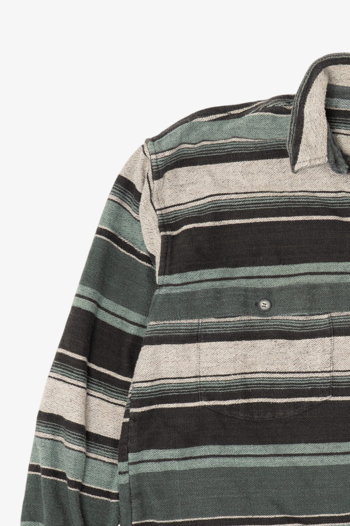 Vintage Green Striped Raw Rags Button Up Flannel Shirt (1990s)