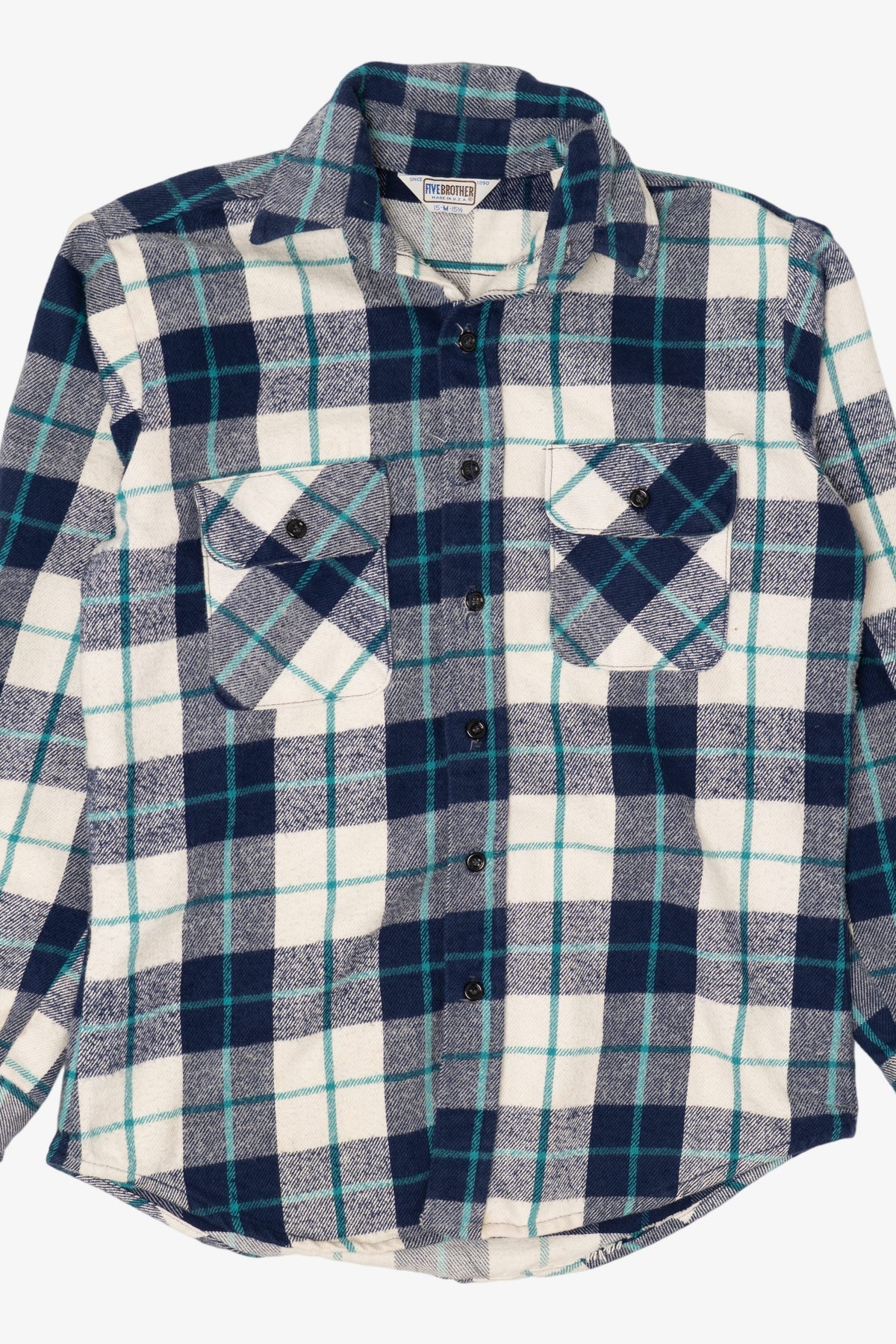 Vintage Navy Blue Plaid Five Brother Button Up Shirt (1970s)