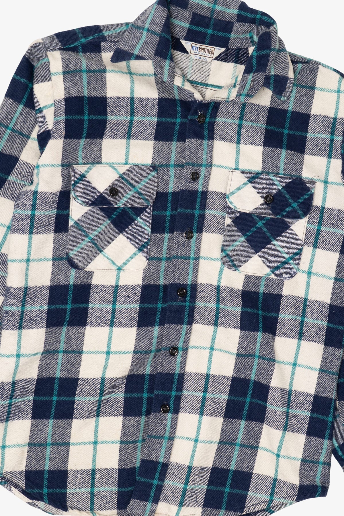 Vintage Navy Blue Plaid Five Brother Button Up Shirt (1970s)