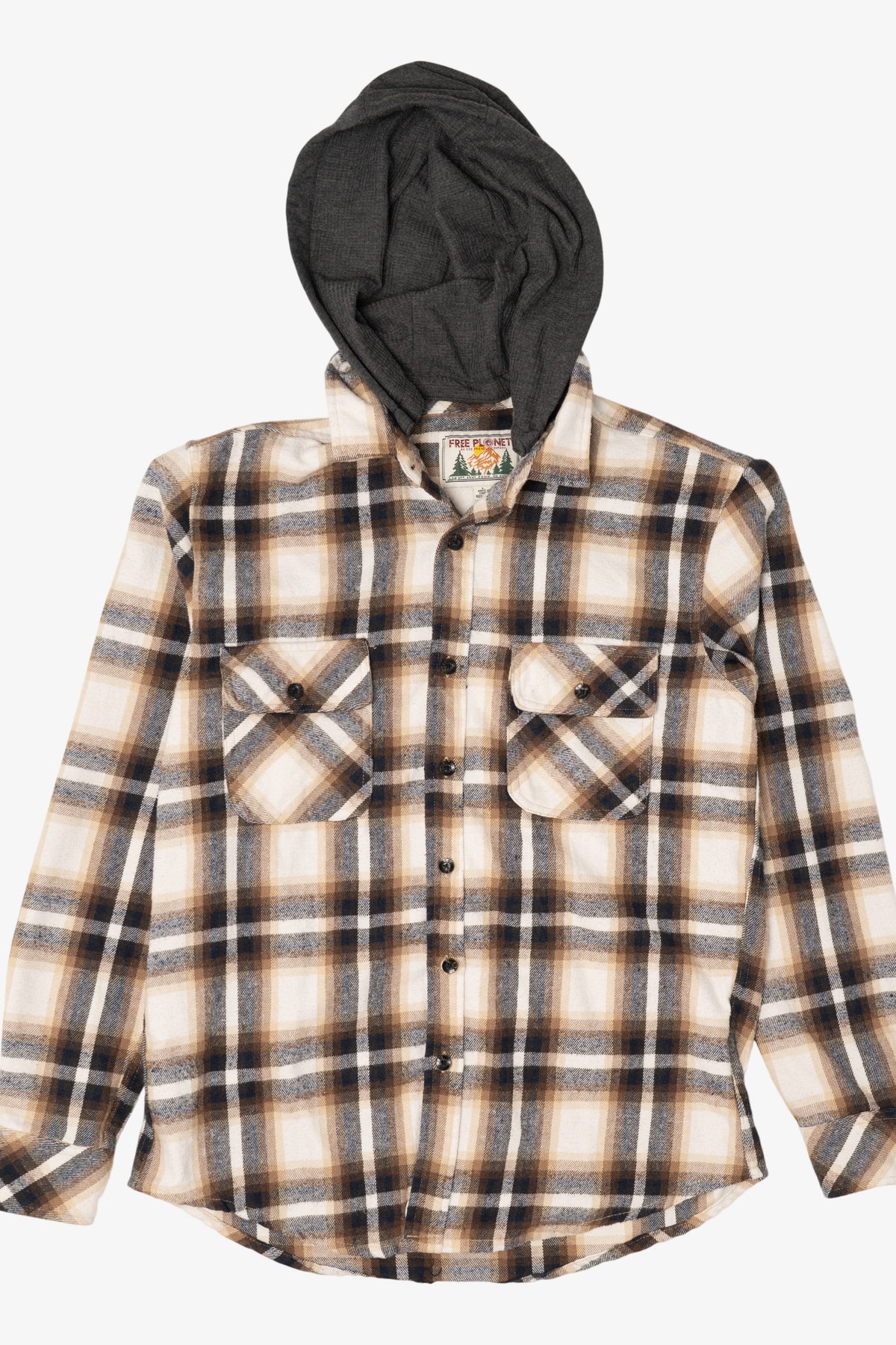 Beige Plaid Free Planet Hooded Button Up Shirt (2010s)