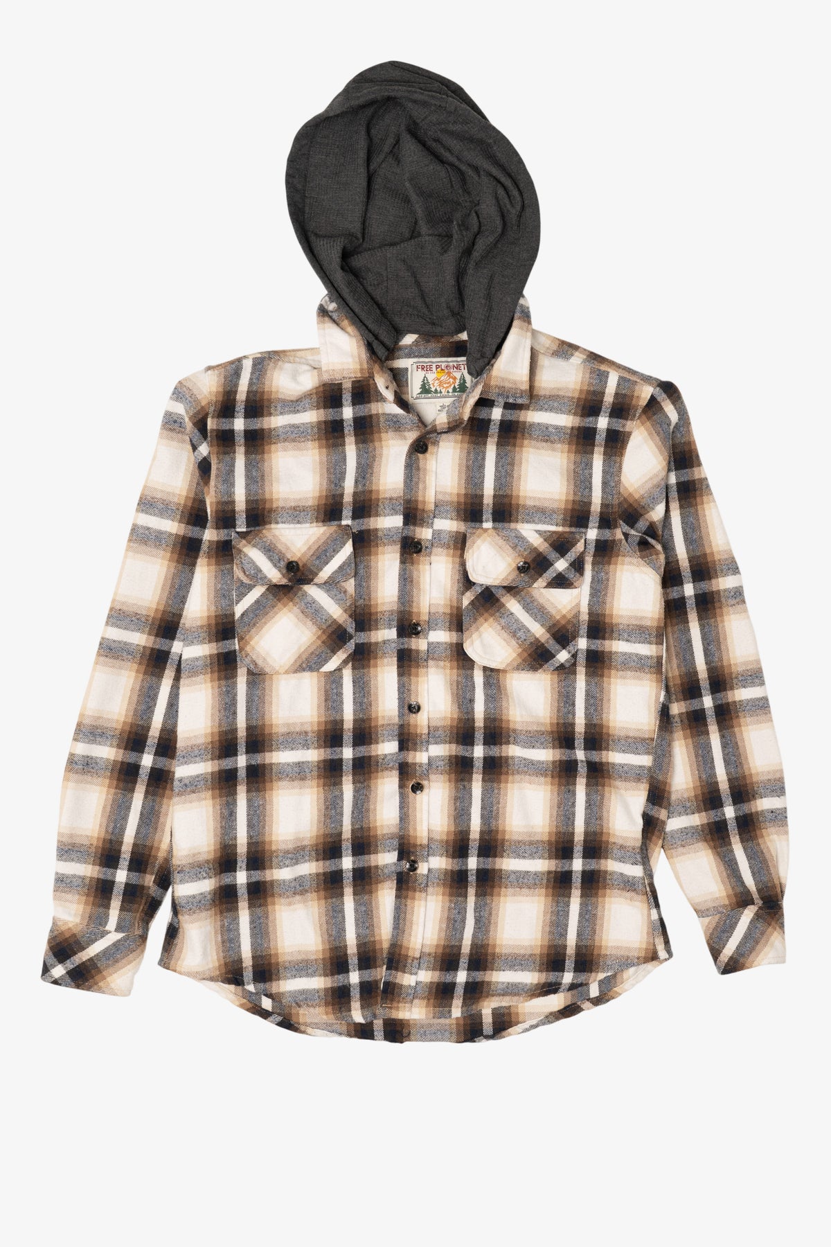 Beige Plaid Free Planet Hooded Button Up Shirt (2010s)