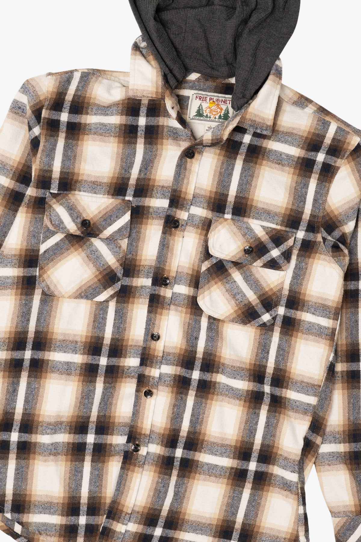 Beige Plaid Free Planet Hooded Button Up Shirt (2010s)