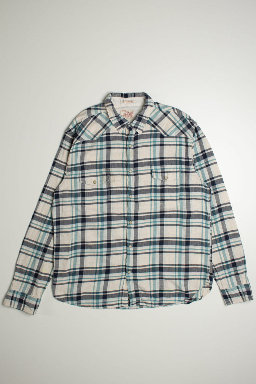 Vintage Lucky Brand White and Blue Flannel Shirt
