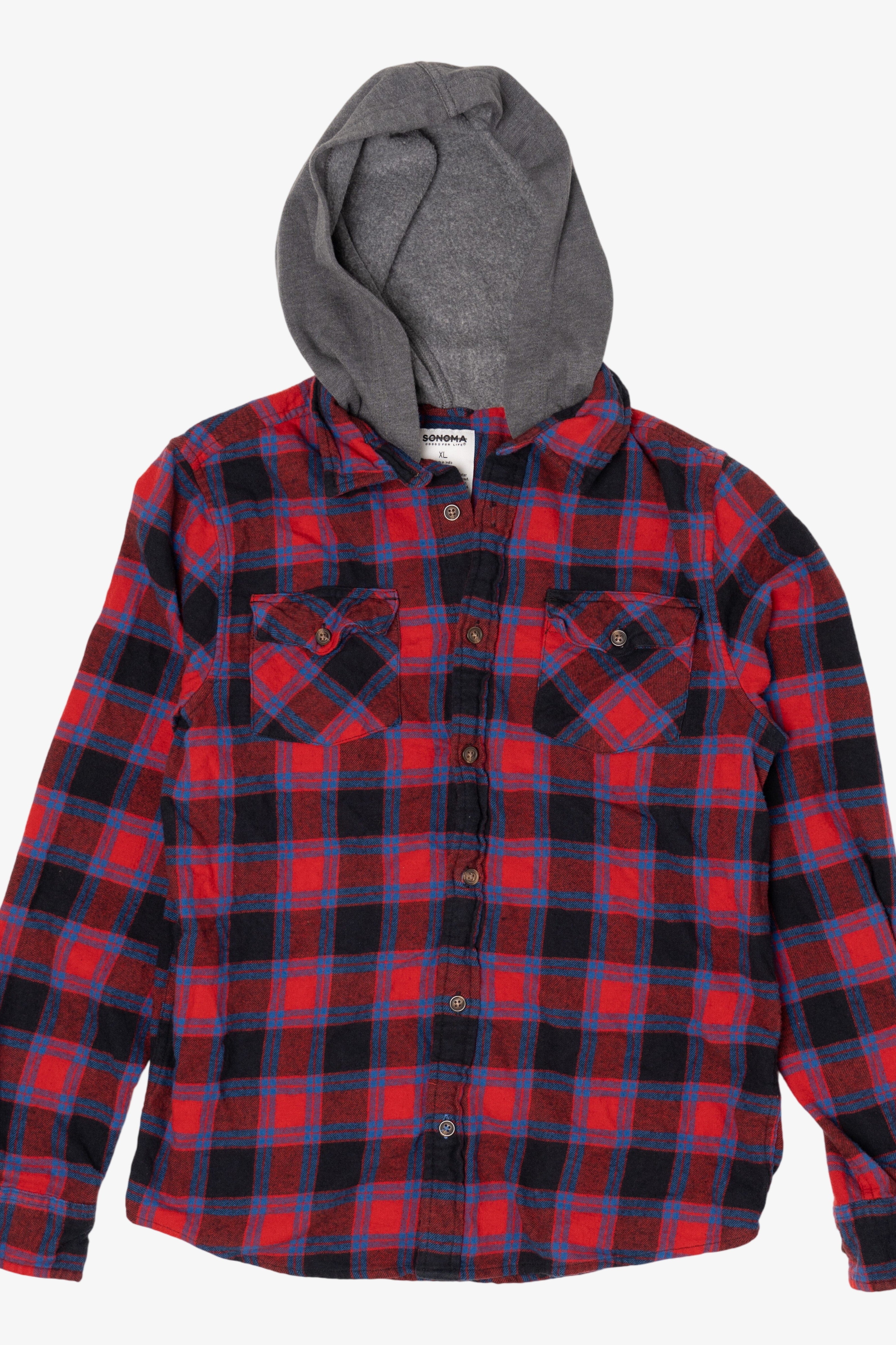 Red And Navy Blue Sonoma Vintage Hooded Flannel Shirt (2020s)