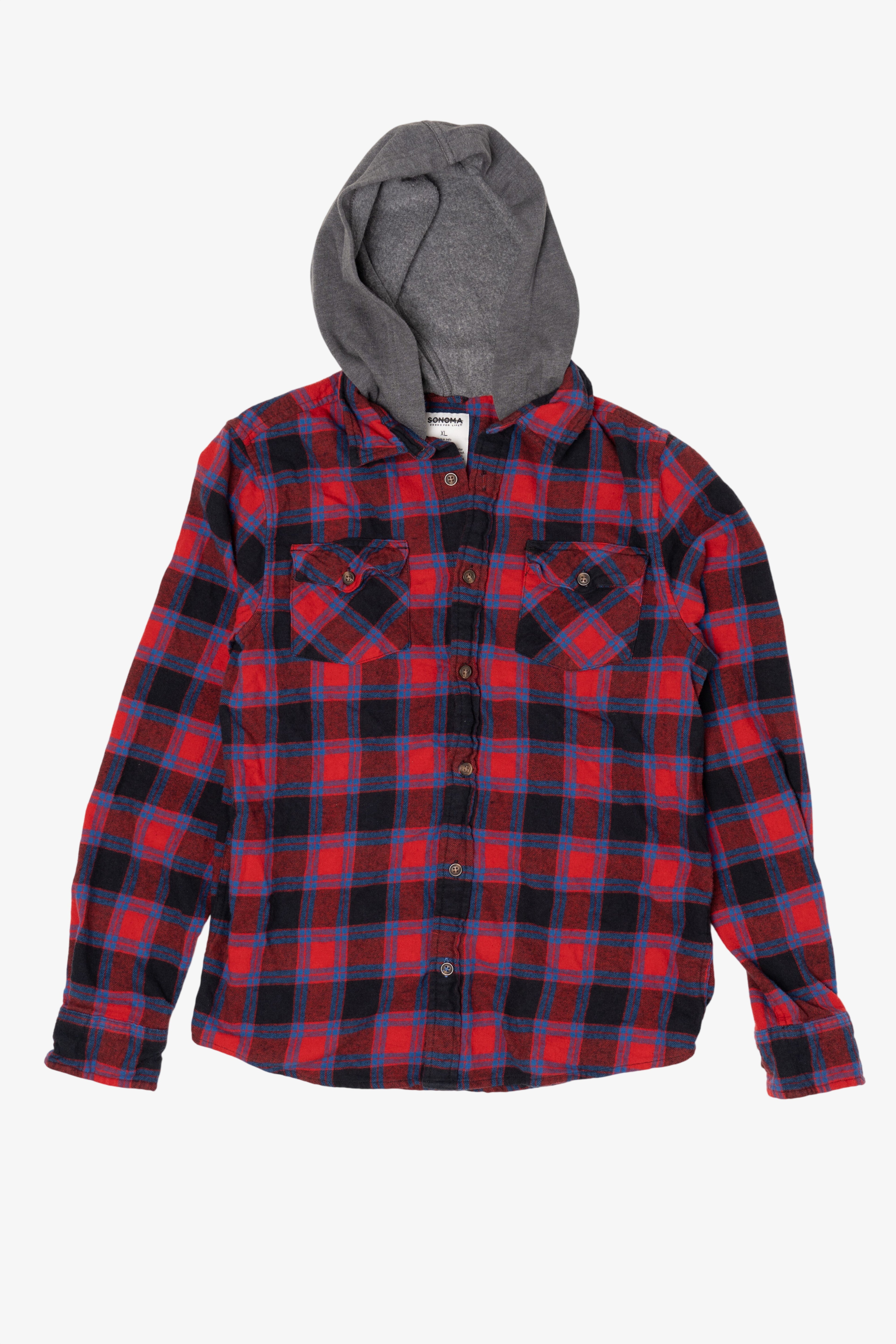 Red And Navy Blue Sonoma Vintage Hooded Flannel Shirt (2020s)