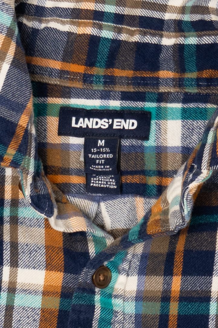 Navy Blue And Orange Lands' End Flannel Shirt
