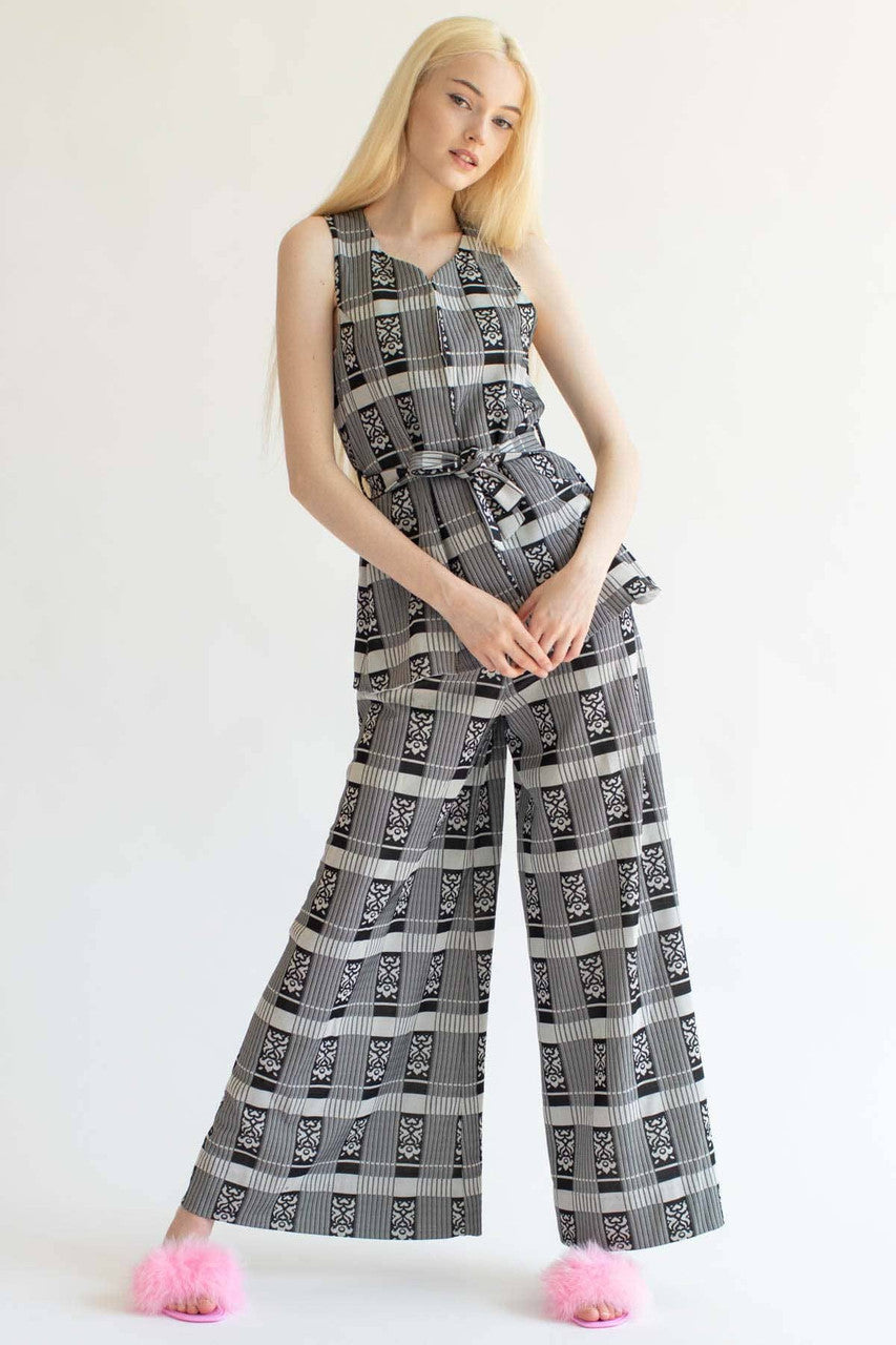 Vintage Floral Plaid Wide Leg Pant Set (1970s)