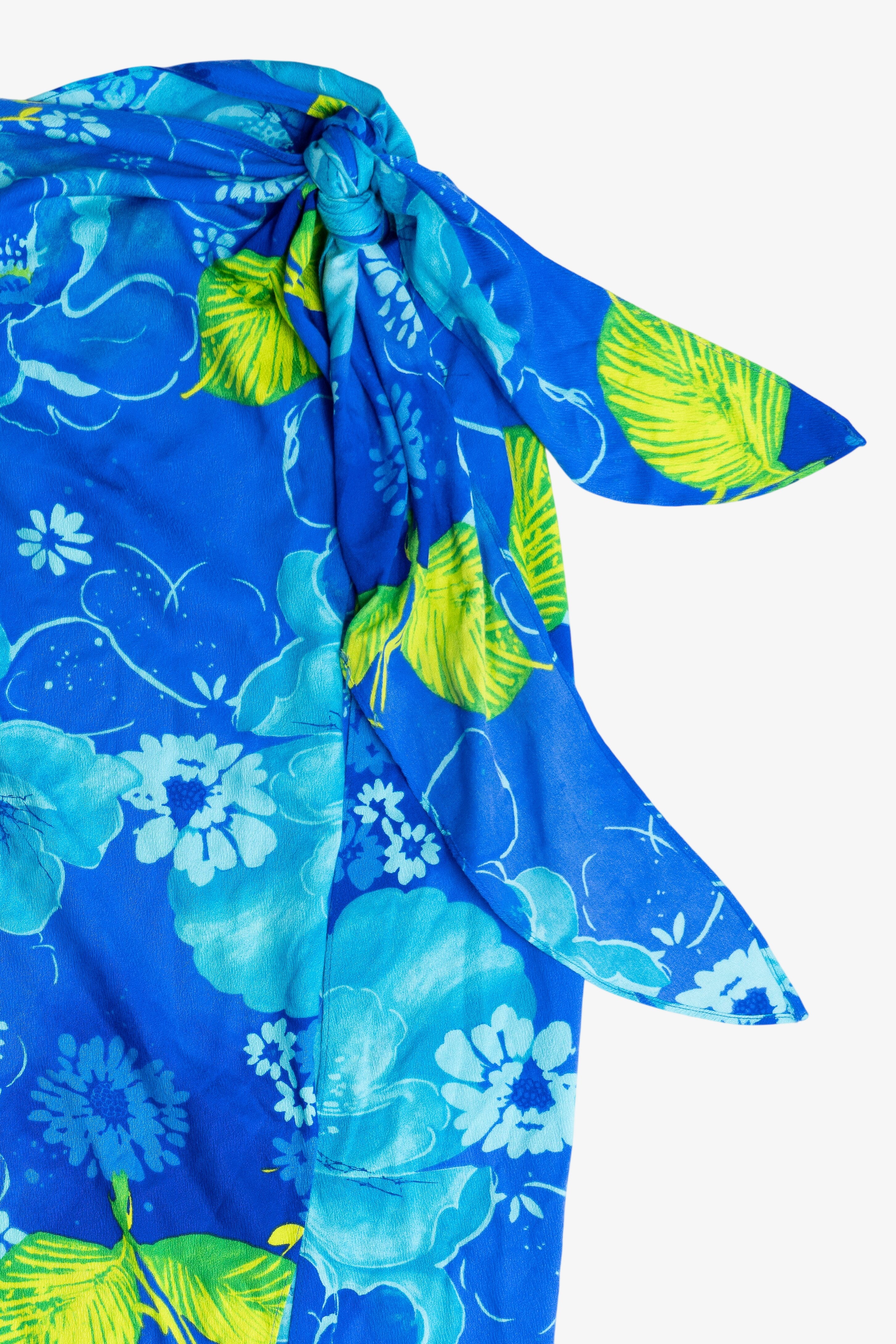 Vintage Blue Hibiscus Tie Waist Beach Cover Up (1990s)