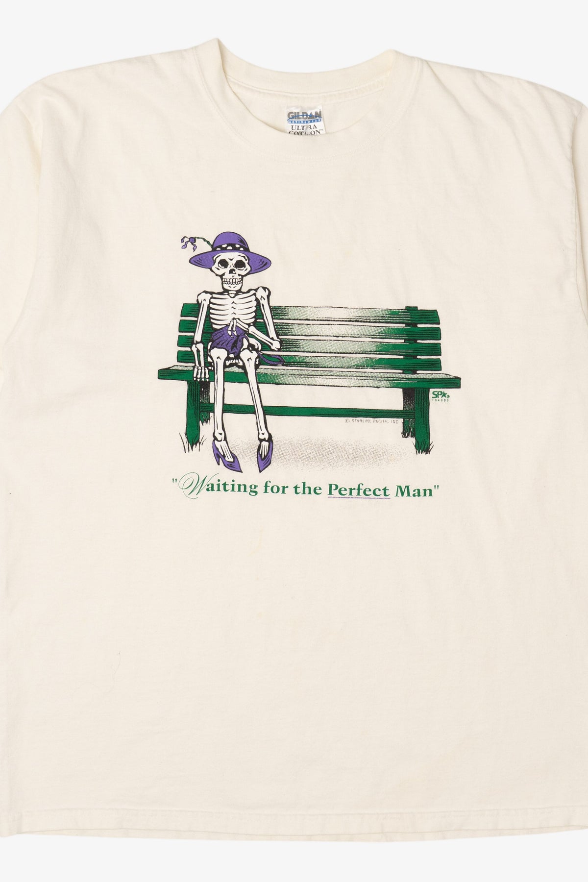 Vintage "Waiting For The Perfect Man" Skeleton Funny T-Shirt (2000s)