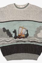 Vintage Light Gray Vikings Sailing The Sea Sweater (1990s)